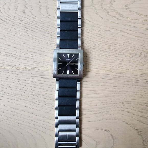 Men's Guess Stainless Steel and Black Leather Watch - Picture 7 of 13